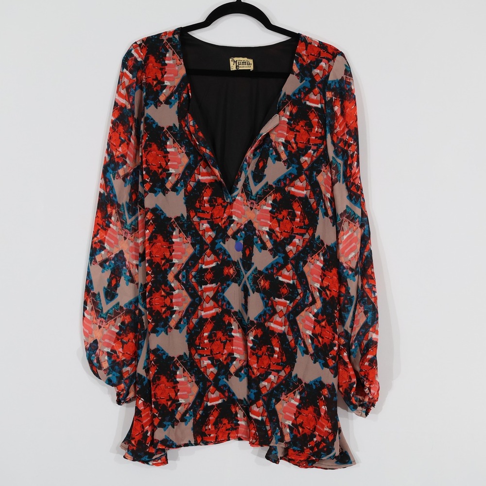 Show Me Your Mumu Jamie Tunic Women Large Red Geometric Boho V-Neck Flowy